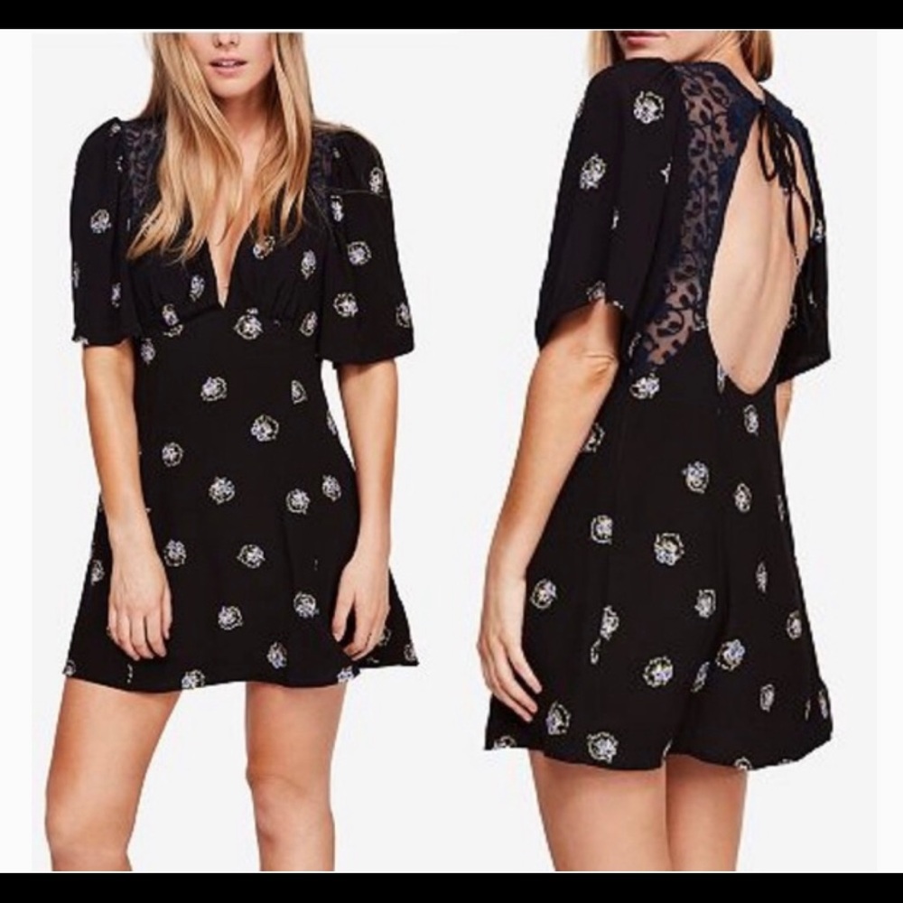 NWT Free People Mockingbird Black Floral Print Backless Mini Dress